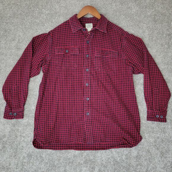 LL Bean Red Black Plaid Long Sleeve Button Down Flannel Shirt Size L Reg - Picture 1 of 7